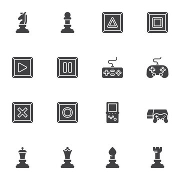 Strategy game vector icons set, modern solid symbol collection, filled style pictogram pack. Signs, logo illustration. Set includes icons as chess pieces, game controller, gamepad buttons
