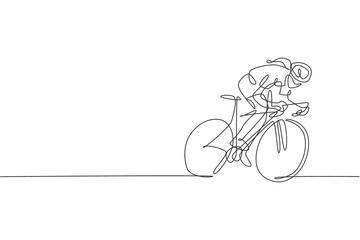 One single line drawing young energetic woman bicycle racer focus train her speed vector graphic illustration. Racing cyclist concept. Modern continuous line draw design for cycling tournament banner