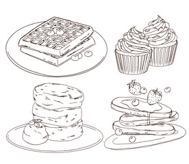 Doodle of dessert collection, waffle, cupcake, fluffy pancake, pancake