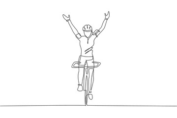 Single continuous line drawing of young agile woman cyclist raise her hands up upon the air. Sport lifestyle concept. Trendy one line draw design vector illustration for cycling race promotion media