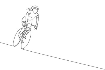 One single line drawing young energetic woman bicycle racer race at cycling track graphic vector illustration. Racing cyclist concept. Modern continuous line draw design for cycling tournament banner