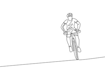 Single continuous line drawing young agile man cyclist focus training his endurance. Sport lifestyle concept. Trendy one line draw design vector illustration graphic for cycling race promotion media