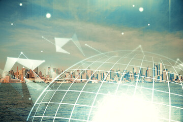 Map and data theme hologram on city view with skyscrapers background double exposure. International technology in business concept.