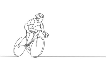 Obraz premium Single continuous line drawing of young agile man cyclist train to pedal cycling fast. Sport lifestyle concept. Trendy one line draw design vector illustration graphic for cycling race promotion media