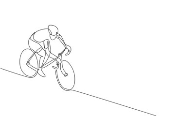 One single line drawing of young energetic man bicycle racer race at cycling track vector graphic illustration. Racing cyclist concept. Modern continuous line draw design for cycling tournament banner - obrazy, fototapety, plakaty