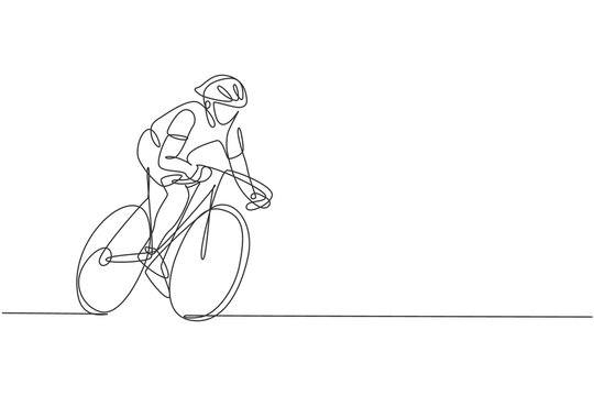 Single continuous line drawing of young agile man cyclist train to pedal cycling fast. Sport lifestyle concept. Trendy one line draw design vector illustration graphic for cycling race promotion media