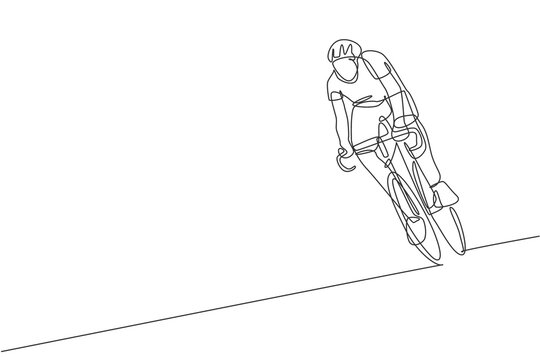 One single line drawing of young energetic man bicycle racer training in the road graphic vector illustration. Racing cyclist concept. Modern continuous line draw design for cycling tournament banner
