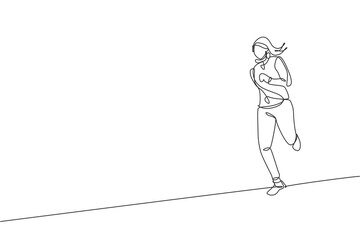 One continuous line drawing of young sporty runner woman wearing hoodie and relax running. Healthy lifestyle and fun jogging sport concept. Dynamic single line draw graphic design vector illustration