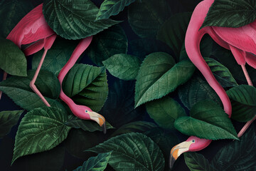 Fototapety  Flamingi na liściastym tle