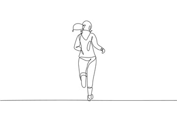 Single continuous line drawing of young happy health runner woman relax running in countryside. Fun sport jogging and healthy lifestyle concept. Trendy one line draw design vector illustration graphic