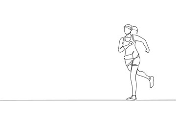 One single line drawing of young happy runner woman exercise to improve stamina vector graphic illustration. Healthy lifestyle and competitive sport concept. Modern continuous line draw design