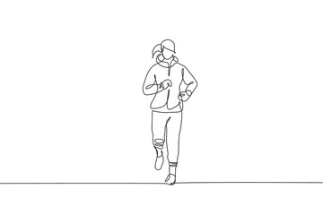 One continuous line drawing of young sporty runner woman relax running at countryside. Healthy lifestyle and fun jogging sport concept. Dynamic single line draw design vector illustration graphic