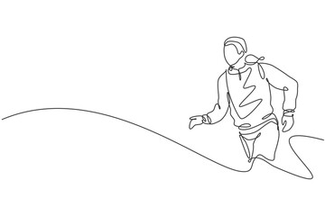 One single line drawing of young happy runner man exercise to improve stamina graphic vector graphic illustration. Healthy lifestyle and competitive sport concept. Modern continuous line draw design