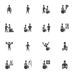 Disability vector icons set, modern solid symbol collection, filled style pictogram pack. Signs, logo illustration. Set includes icons as disabled people supporting , wheelchair, handicapped person