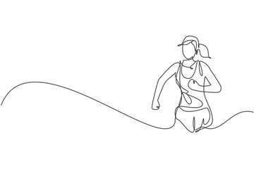 Single continuous line drawing of young happy health runner woman running at run track. Fun sport jogging and healthy lifestyle concept. Trendy one line draw design vector illustration graphic