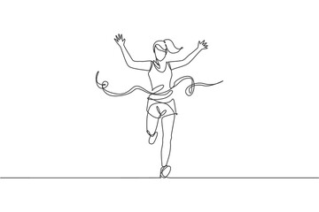 Single continuous line drawing young happy health runner woman running pass finish line at run race. Sport sprint and healthy lifestyle concept. Trendy one line draw graphic design vector illustration