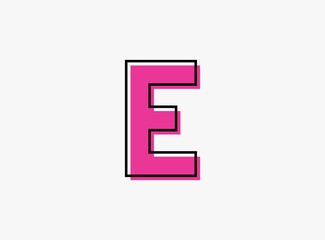 E font letter made of black frame outline shadow of font pink color. Vector illustration for logo, design element, poster etc.