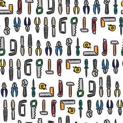 Hand tools vector seamless pattern on white background. Colorful instruments for renovation and working cartoon style concept. Hand tools pattern for print, fabric, texture, wallpaper, wrapping