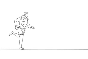 Single continuous line drawing of young happy health runner man wearing hoodie running at city side. Fun sport jogging and healthy lifestyle concept. Trendy one line draw design vector illustration