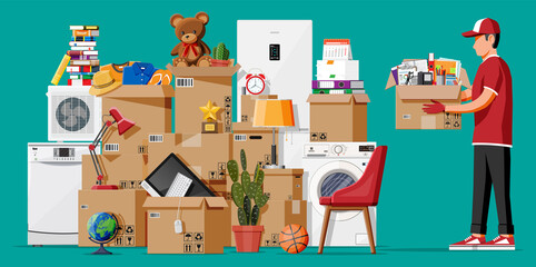 Moving to new house. Family relocated to new home. Male mover, paper cardboard boxes with goods. Package for transportation. Electronics, clothes, home appliances, furniture. Flat vector illustration