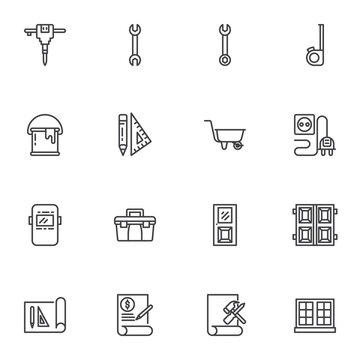 Construction and repair tool line icons set, outline vector symbol collection, linear style pictogram pack. Signs, logo illustration. Set includes icons as paint bucket, wheelbarrow, blueprint plan