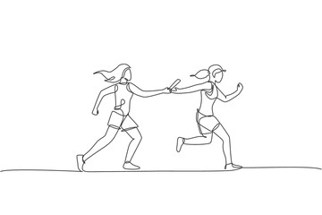 One continuous line drawing young sporty runner women pass baton stick at run race event. Healthy lifestyle and fun jogging sport concept. Dynamic single line draw design vector graphic illustration