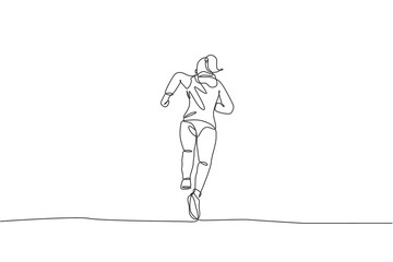 One single line drawing of young happy runner woman wearing hoodie exercise to improve stamina vector illustration. Healthy lifestyle and competitive sport concept. Modern continuous line draw design