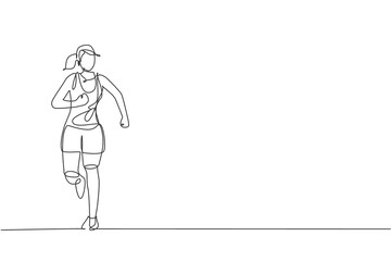 Single continuous line drawing of young happy health runner woman running at run track. Fun sport jogging and healthy lifestyle concept. Trendy one line draw design vector graphic illustration