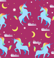 Seamless pattern of rainbow unicorn with stars, moon and clouds on pink background