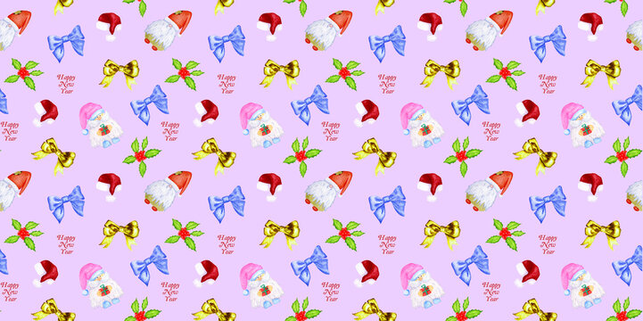 Christmas watercolor pattern with gnomes, santa hat, holly on pink background. Hand drawing. Patern for textiles, paper, scrapbooking, e-books, web designs.