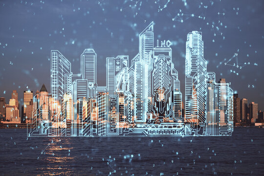 Double exposure of buildings hologram over cityscape background. Concept of smart city.