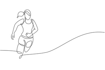 One single line drawing young energetic woman runner focus running on city road graphic vector illustration. Healthy sport training concept. Modern continuous line draw design for running race banner