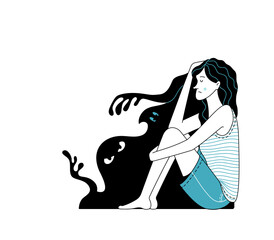 Upset young woman sitting near silhouettes of black terrible monsters on white background. Vector illustration of mental disorder, panic attack, and paranoia. Flat cartoon female character