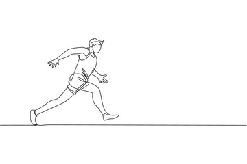 One continuous line drawing of young sporty man runner focus running on run track. Health activity sport concept. Dynamic single line draw design vector illustration for running event promotion poster