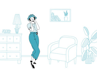 Young cheerful woman with headphones listening to music and enjoying life in cozy room at home. Concept of good mood and positive thinking. Flat duotone linear vector illustration