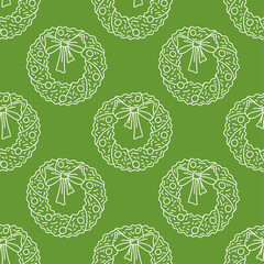 Christmas wreath with bow outline seamless pattern. Green vector texture. Festive linear wrapping paper design