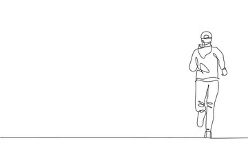 One single line drawing young energetic man runner run relax in street city road vector graphic illustration. Healthy sport training concept. Modern continuous line draw design for running race banner