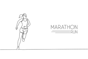 Single continuous line drawing of young agile woman runner hobby to run relax and calm. Healthy sport action concept. Trendy one line draw design graphic vector illustration for running race promotion