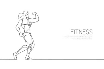 One single line drawing of young energetic model woman bodybuilder pose vector illustration. Healthy workout concept. Modern continuous line draw design for bodybuilding fitness center club logo icon