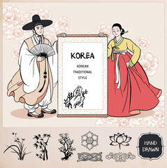 Couple wearing Korean traditional clothes, Hanbok. men and women holding banner. Flower pattern background. Hand drawn / Vector illustration.