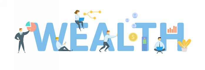 Wealth. Concept with keyword, people and icons. Flat vector illustration. Isolated on white background.