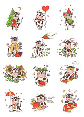 Naklejka premium Cartoon bulls in different poses 2021 symbol vector set