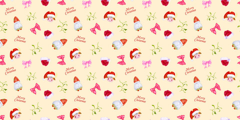 Christmas watercolor pattern with gnomes, bull in santa hat, mistletoe on caramel background. Hand drawing. Patern for textiles, paper, scrapbooking, postcards, web designs.