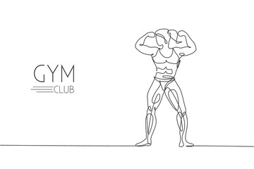 One single line drawing of young energetic model woman bodybuilder posed charming vector illustration. Healthy workout concept. Modern continuous line draw design for fitness center club logo and icon