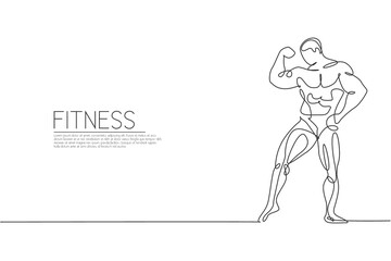 Single continuous line drawing of young muscular model man bodybuilder posing elegant. Fitness center gym logo. Trendy one line draw design vector illustration for bodybuilding icon symbol template