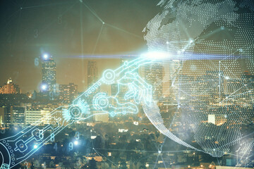 Double exposure of technology theme hologram and cityscape background. Concept of Hightech.