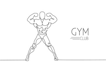 One single line drawing of young energetic model man bodybuilder posed vector illustration. Healthy workout concept. Modern continuous line draw design for bodybuilding fitness center club logo icon