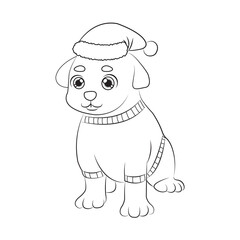 Children coloring page Christmas theme illustration. Cute puppy wearing Santa hat and winter sweater.