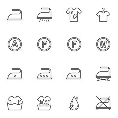 Laundry service line icons set, outline vector symbol collection, linear style pictogram pack. Signs, logo illustration. Set includes icons as ironing, dirty shirt ,washing machine, water drop