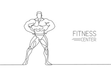 One continuous line drawing of young strong model man bodybuilder pose confidently. Fitness center gym logo concept. Dynamic single line draw design vector illustration for bodybuilding competition